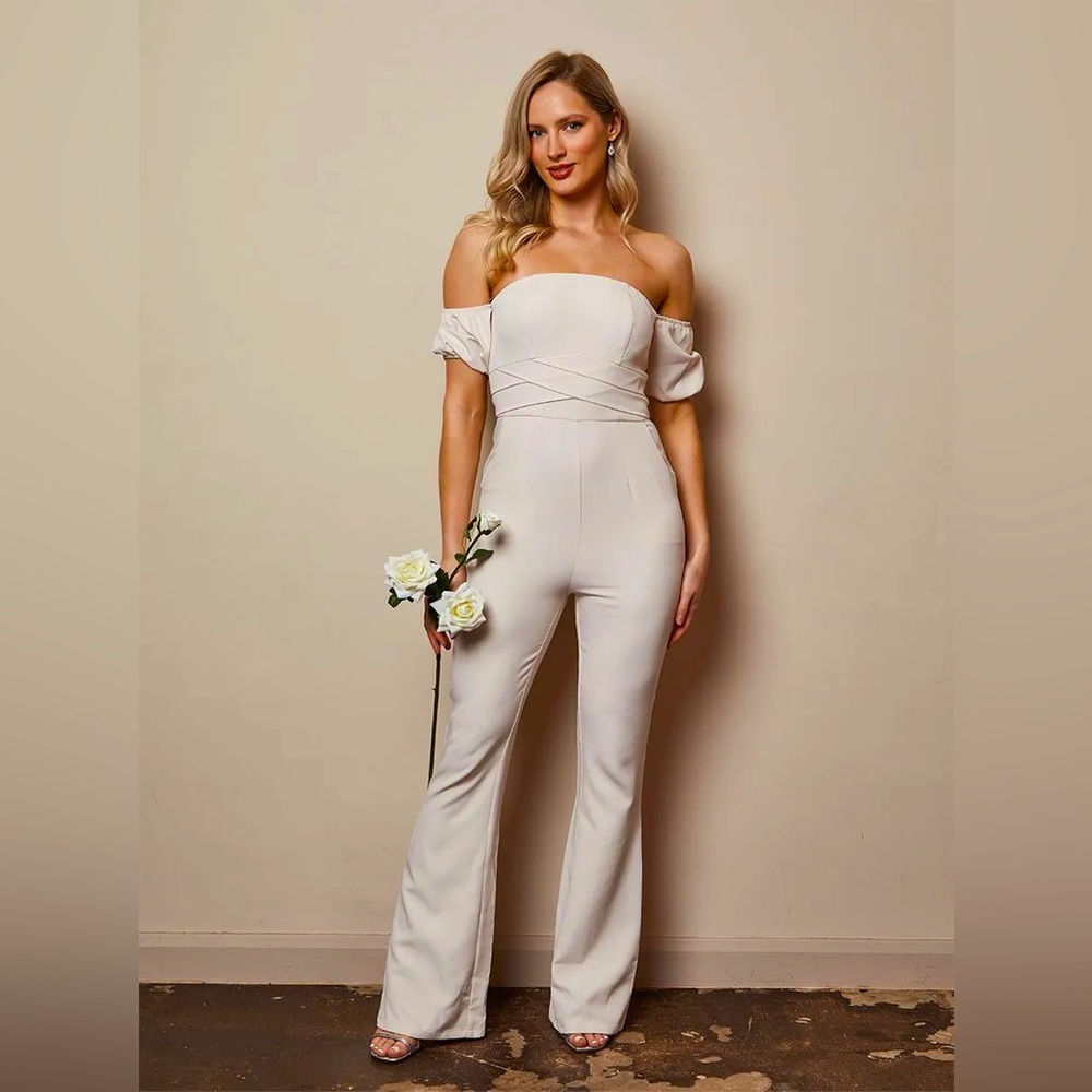 Chi Chi London Bardot Flare Jumpsuit in Cream